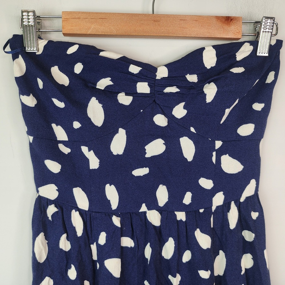 Reformation Aymeline Strapless Midi Dress Women's 2 Navy Blue White Abstract Dot - Picture 3 of 8